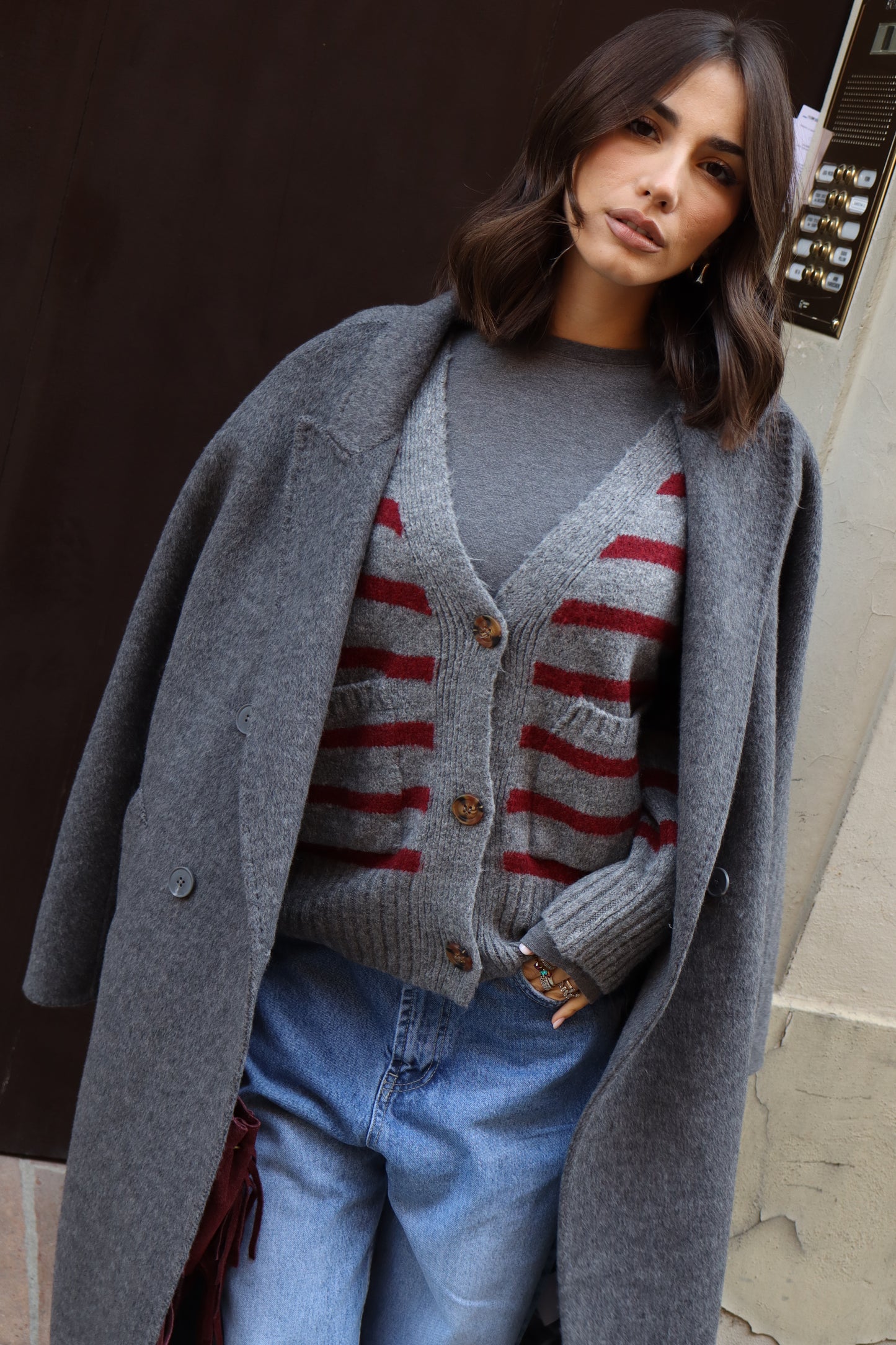 CARDIGAN RIGHE GRIGIO BORDEAUX