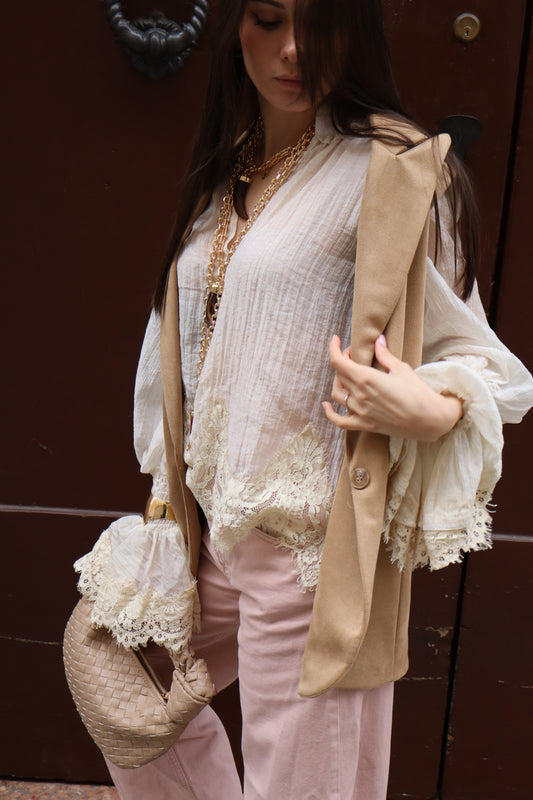 CAMICIA SCOLLO V CON PIZZO IN FONDO