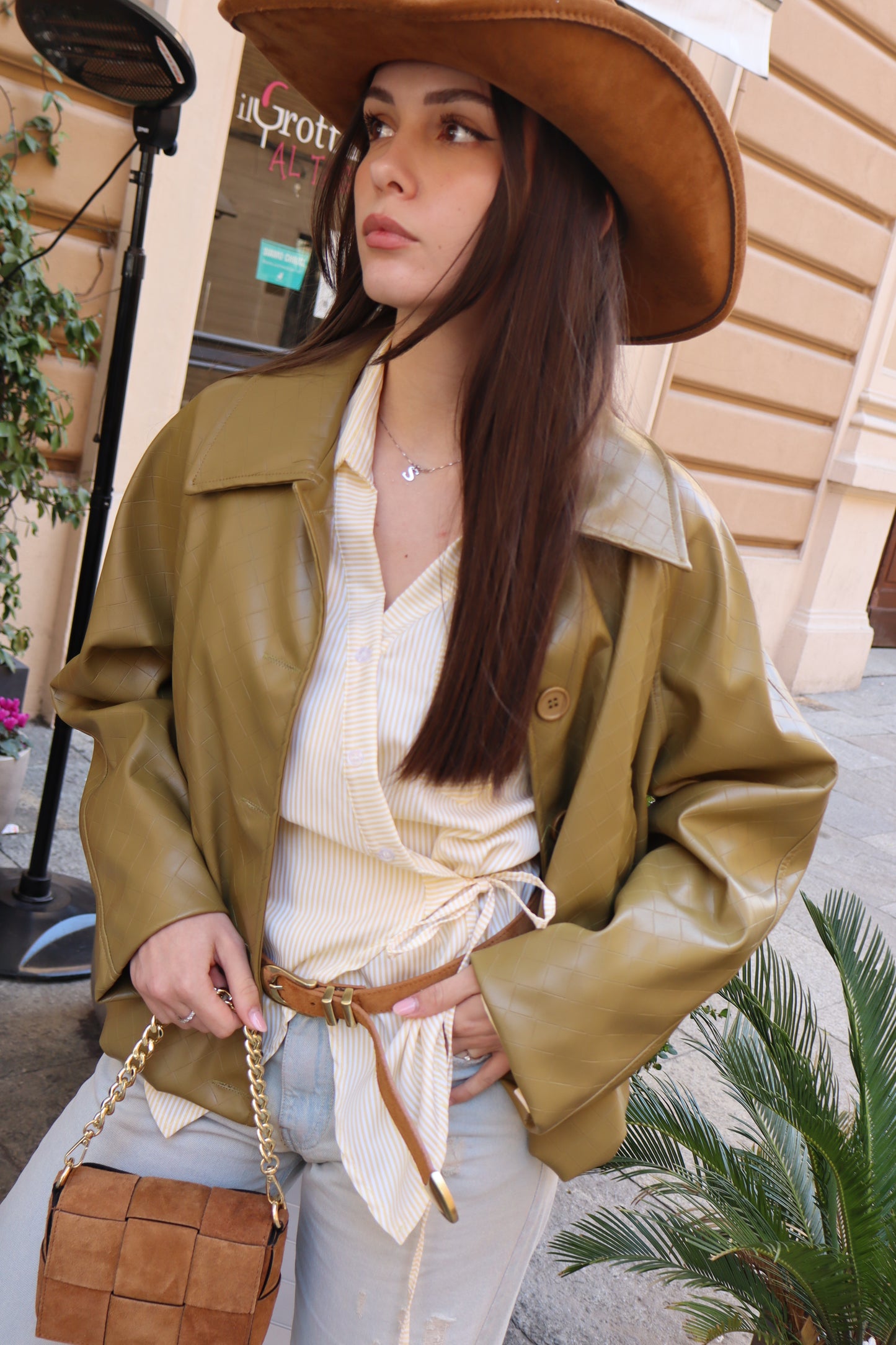 BOMBER ECOPELLE OLIVA INTRECCIATO