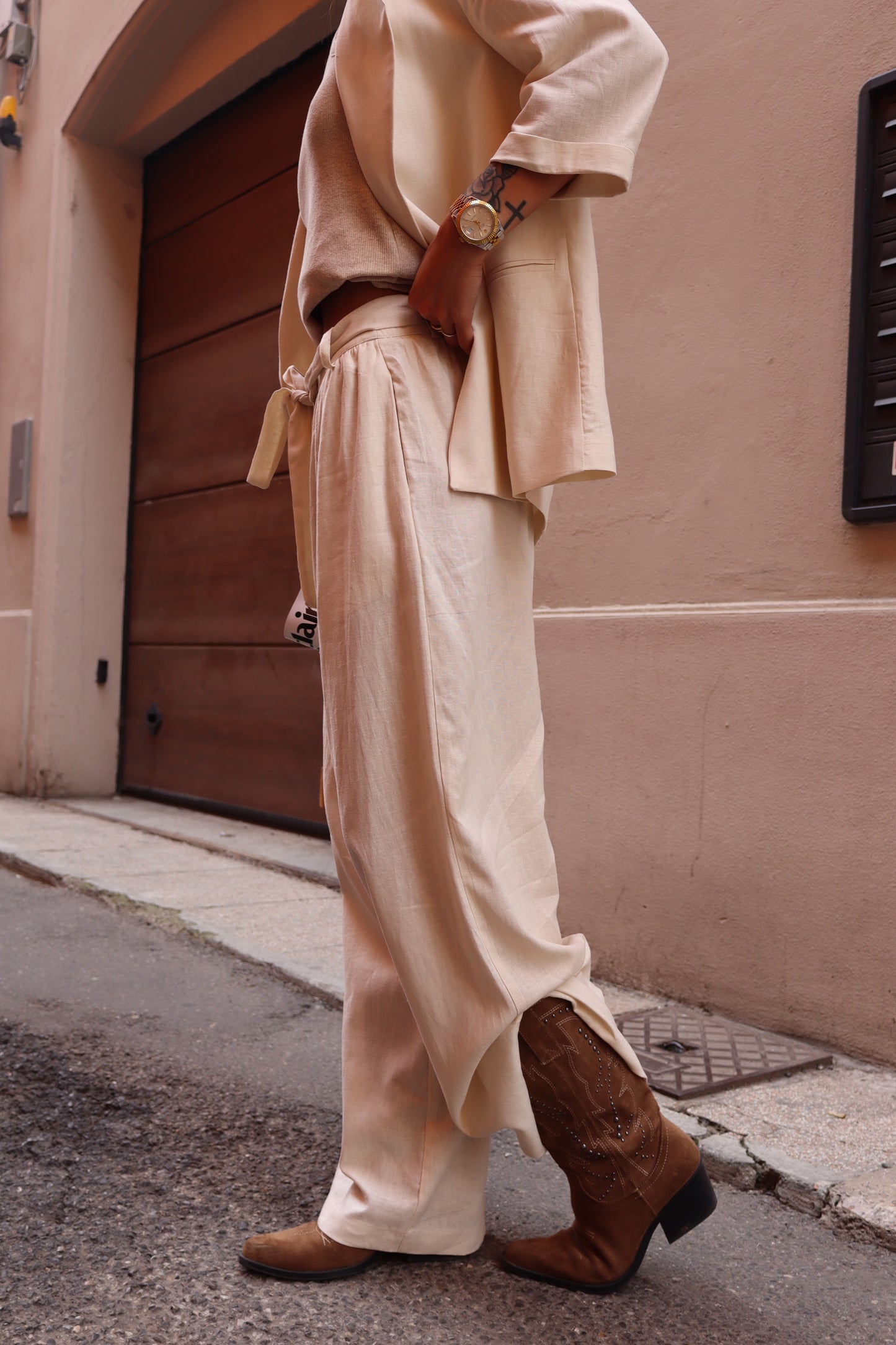 PANTAPALAZZO IN MISTO LINO CON CINTURA BEIGE