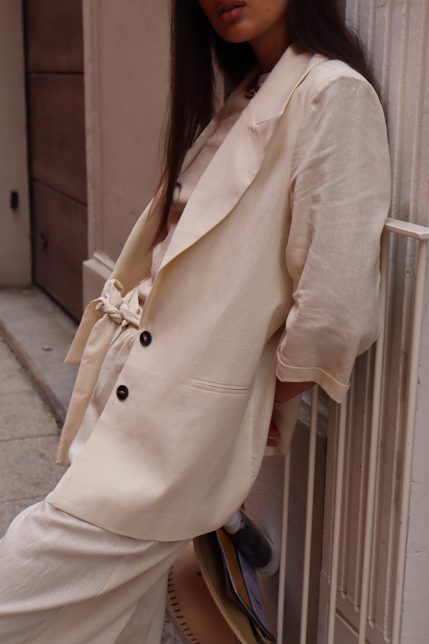 GIACCA IN MISTO LINO CON MANICA A 3/4 BEIGE