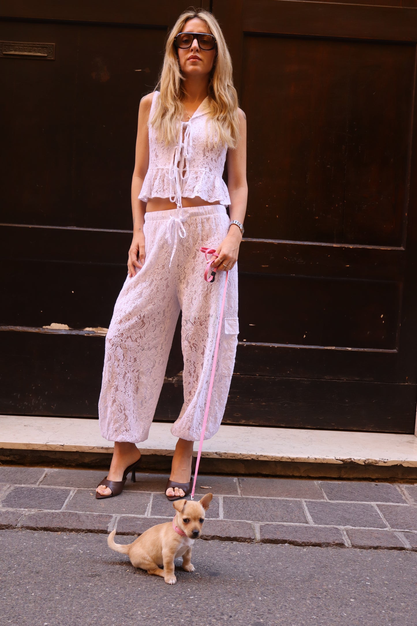 GILET IN PIZZO CON LACCI BIANCO
