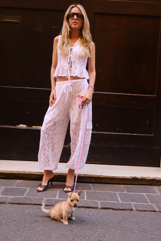 GILET IN PIZZO CON LACCI BIANCO